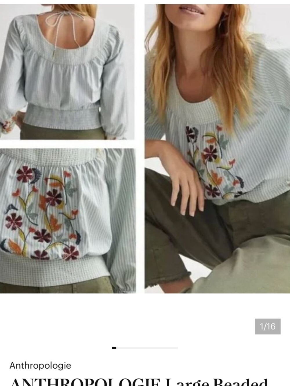 Anthropologie Pale Blue Pinstripe Embroidered Peasant Blouse